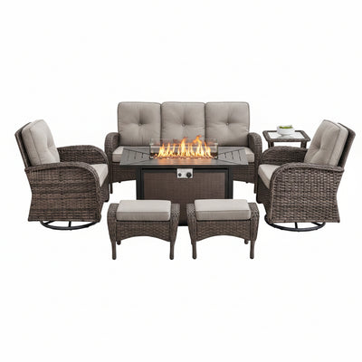Patio Furniture Set Designed for Year-Round Entertainment, Fire Pit Table, Swivel Chairs, Weather-Resistant