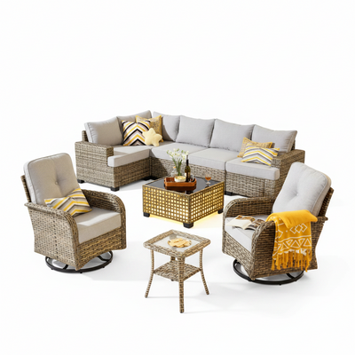 9-Piece Wicker Patio Conversation Set with Swivel Chairs – Gray