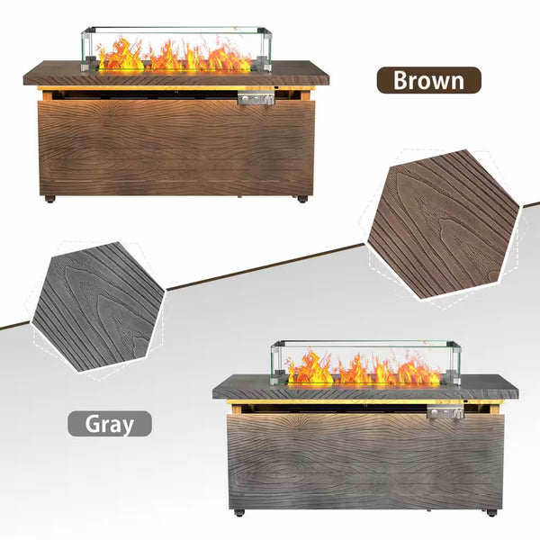51-Inch Rectangle Fire Pit Table – Brown Wood Grain Metal Top