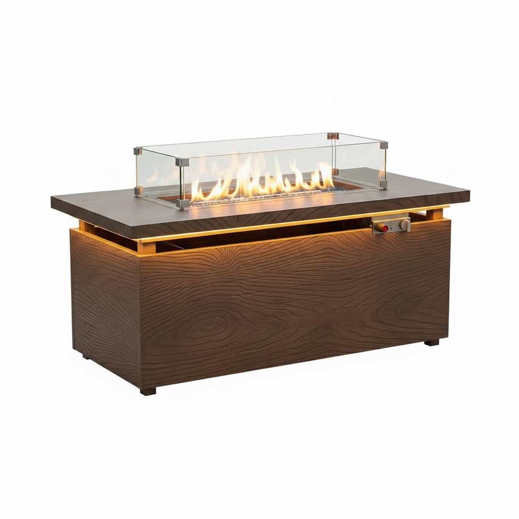 51 In. Retangular Fire Pit Table with Metal Table Top Outdoor Fire Pit Table in Brown Wood Grain
