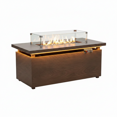 51-Inch Rectangle Fire Pit Table – Brown Wood Grain Metal Top