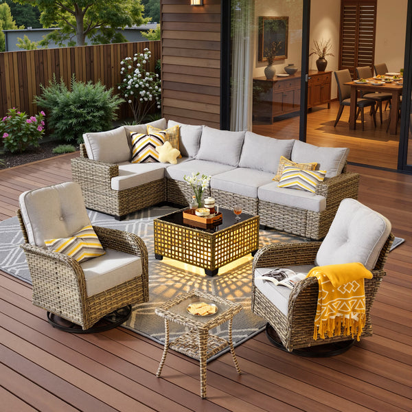 9-Piece Wicker Patio Conversation Set with Swivel Chairs – Gray