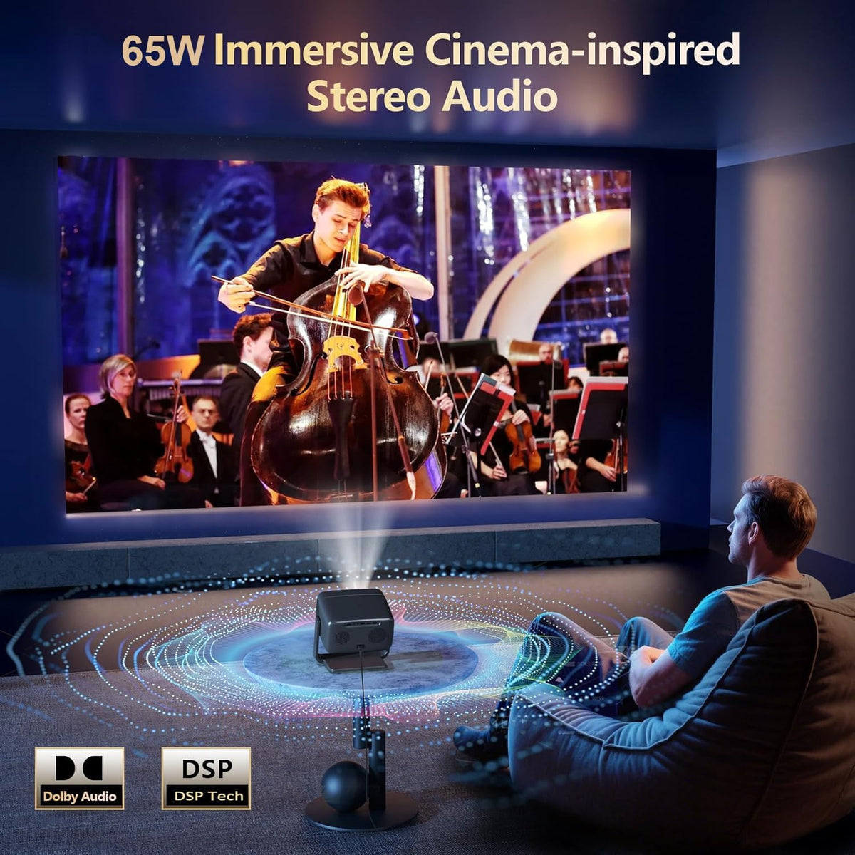 [4500 Brightness/Built in Apps/65W Audio] Outdoor 4K-Projector with Wifi and Bluetooth 5.4, Auto Focus Smart Projector Support Doiby Audio, Upgrade GO2 Short Throw Projector with 360°Stand