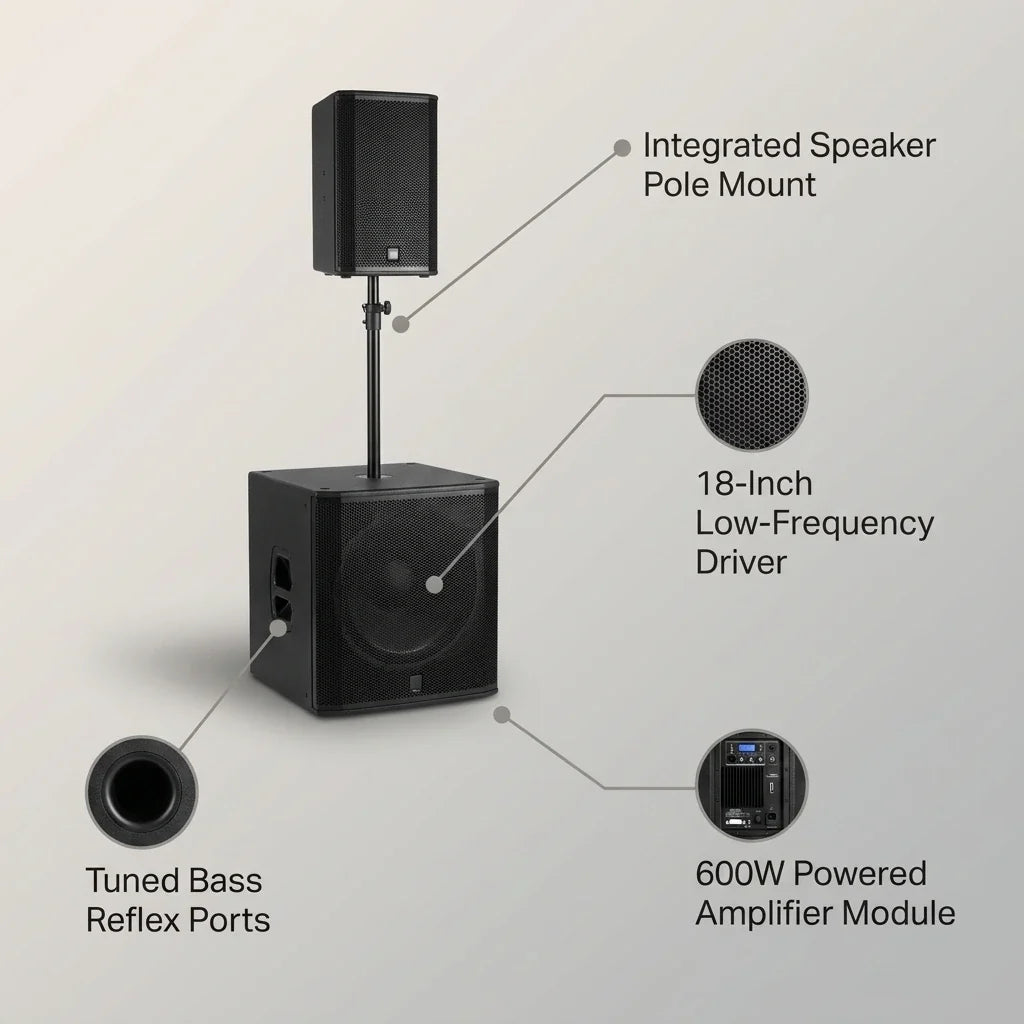 PA Speaker System Designed for Outdoor Events, 18 Inch Subwoofer, 600W Power, USB Connectivity — infographic