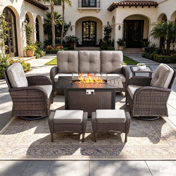 Patio Furniture Set Designed for Year-Round Entertainment, Fire Pit Table, Swivel Chairs, Weather-Resistant