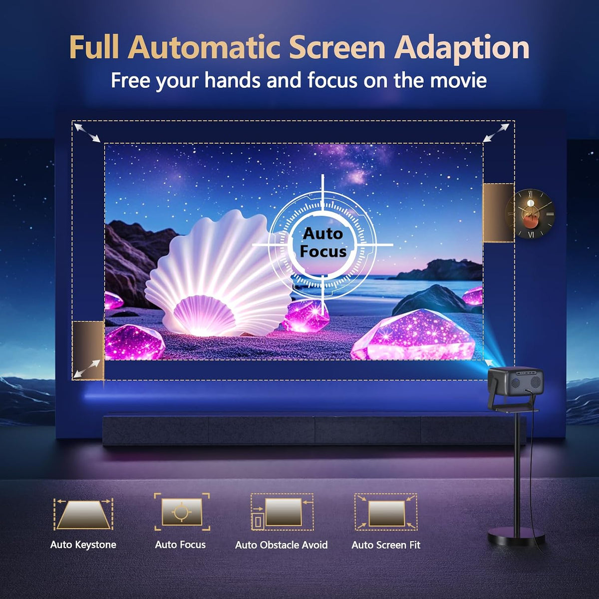 [4500 Brightness/Built in Apps/65W Audio] Outdoor 4K-Projector with Wifi and Bluetooth 5.4, Auto Focus Smart Projector Support Doiby Audio, Upgrade GO2 Short Throw Projector with 360°Stand